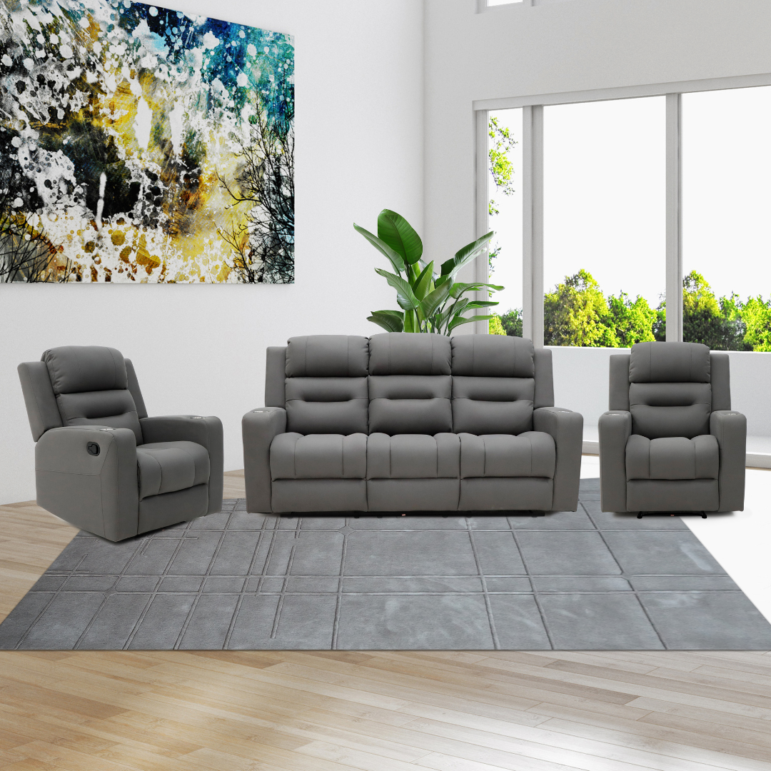 Gothenburg Recliner Sofa Set – a 3-seater and two single recliners with modern features.