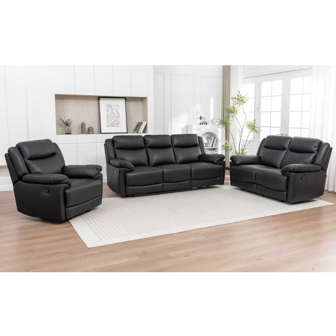 Torren 3+2+1 Black Air Leather Recliner Sofa Set | Dropdown Table