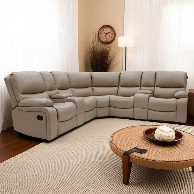 Alta Corner Recliner Sofa Set in beige Air Leather – L-shaped lounge suite with recliners and consoles.