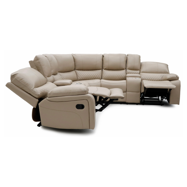 Alta beige corner recliner set with two seats reclined, showing diamond quilting and plush cushions.