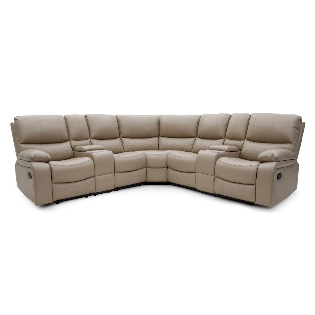 White background Alta Corner Recliner Sofa Set in beige Air Leather – L-shaped lounge suite with recliners and consoles.