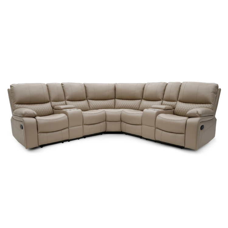 White background Alta Corner Recliner Sofa Set in beige Air Leather – L-shaped lounge suite with recliners and consoles.