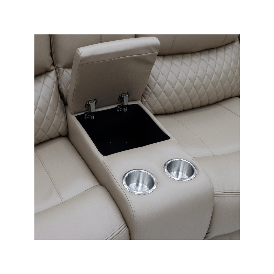Close-up of an integrated console table with a cupholder on the Alta sofa.