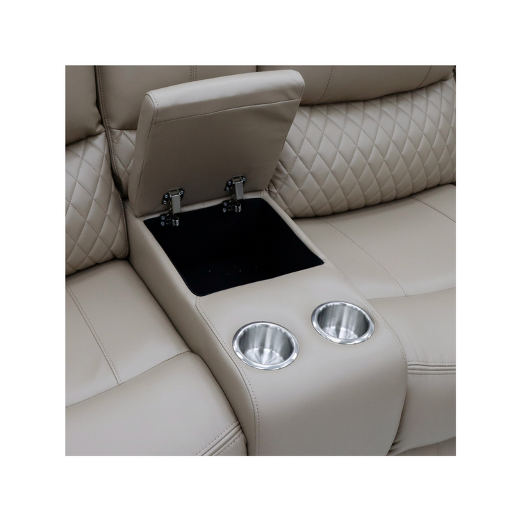 Close-up of an integrated console table with a cupholder on the Alta sofa.