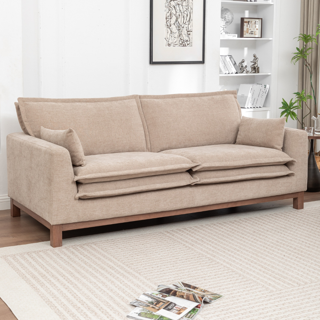 Ardena 3 Seater Sofa – Beige Fabric with Wooden Base
