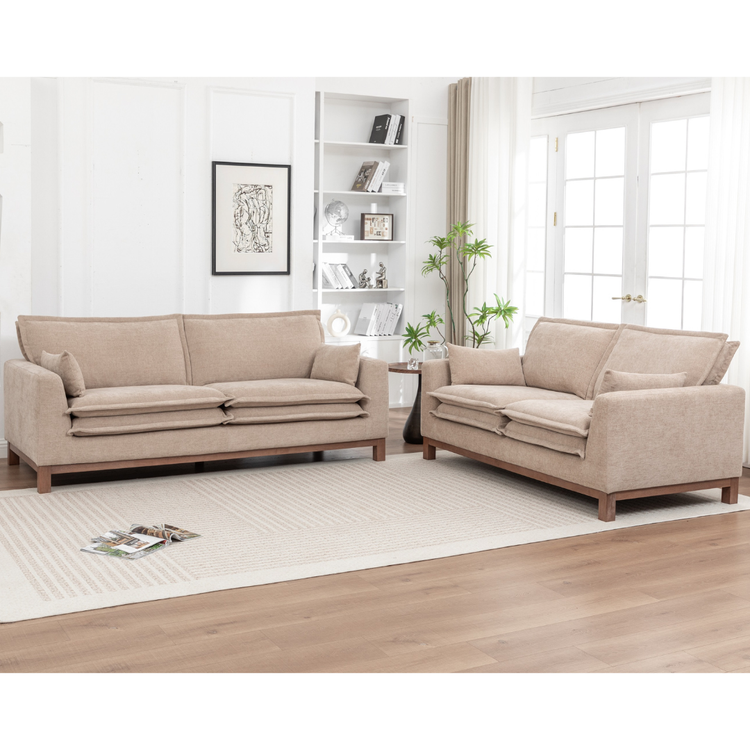Ardena 3 + 2 Seater Sofa – Beige Fabric with Wooden Base.