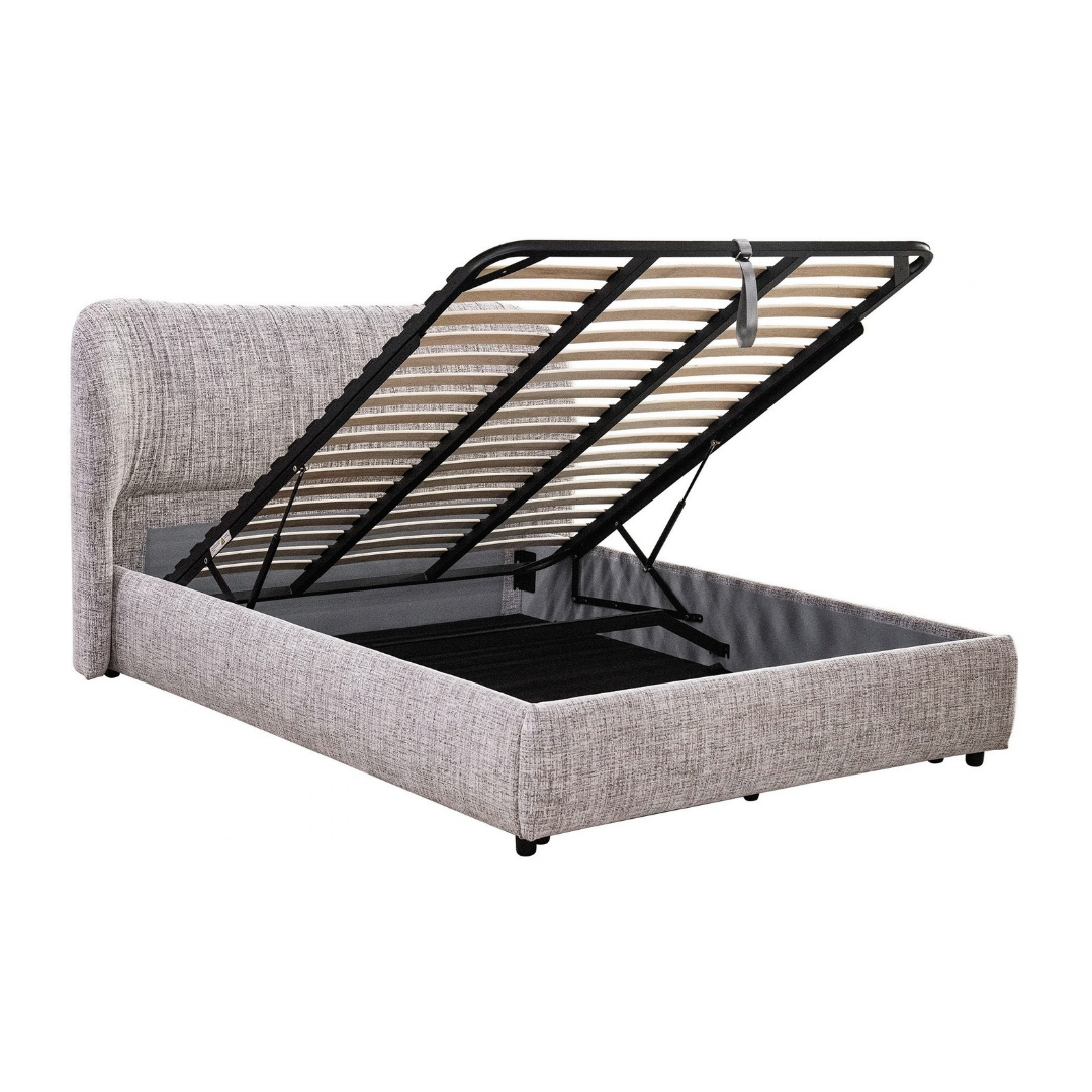 Astrid Queen Gaslift Storage Bed shown open, demonstrating the hydraulic one-hand lift system, poplar wood slats, and solid bottom storage board underneath