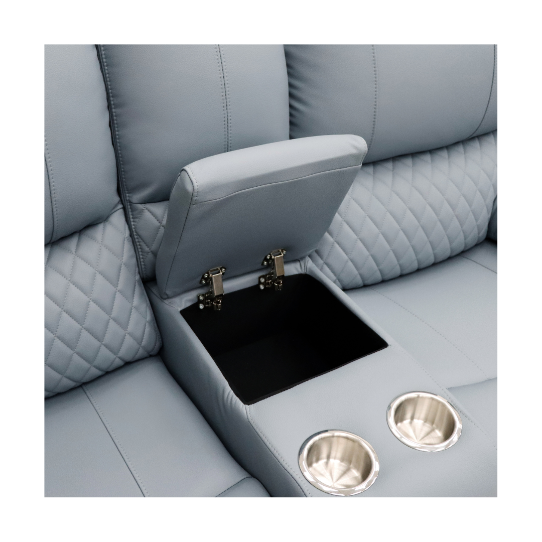 Close-up of the center console on the Bergen 2-seater sofa, showing the storage and cupholder.