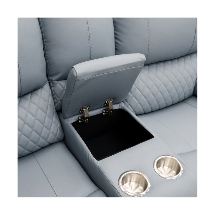 Close-up of the center console on the Bergen 2-seater sofa, showing the storage and cupholder.