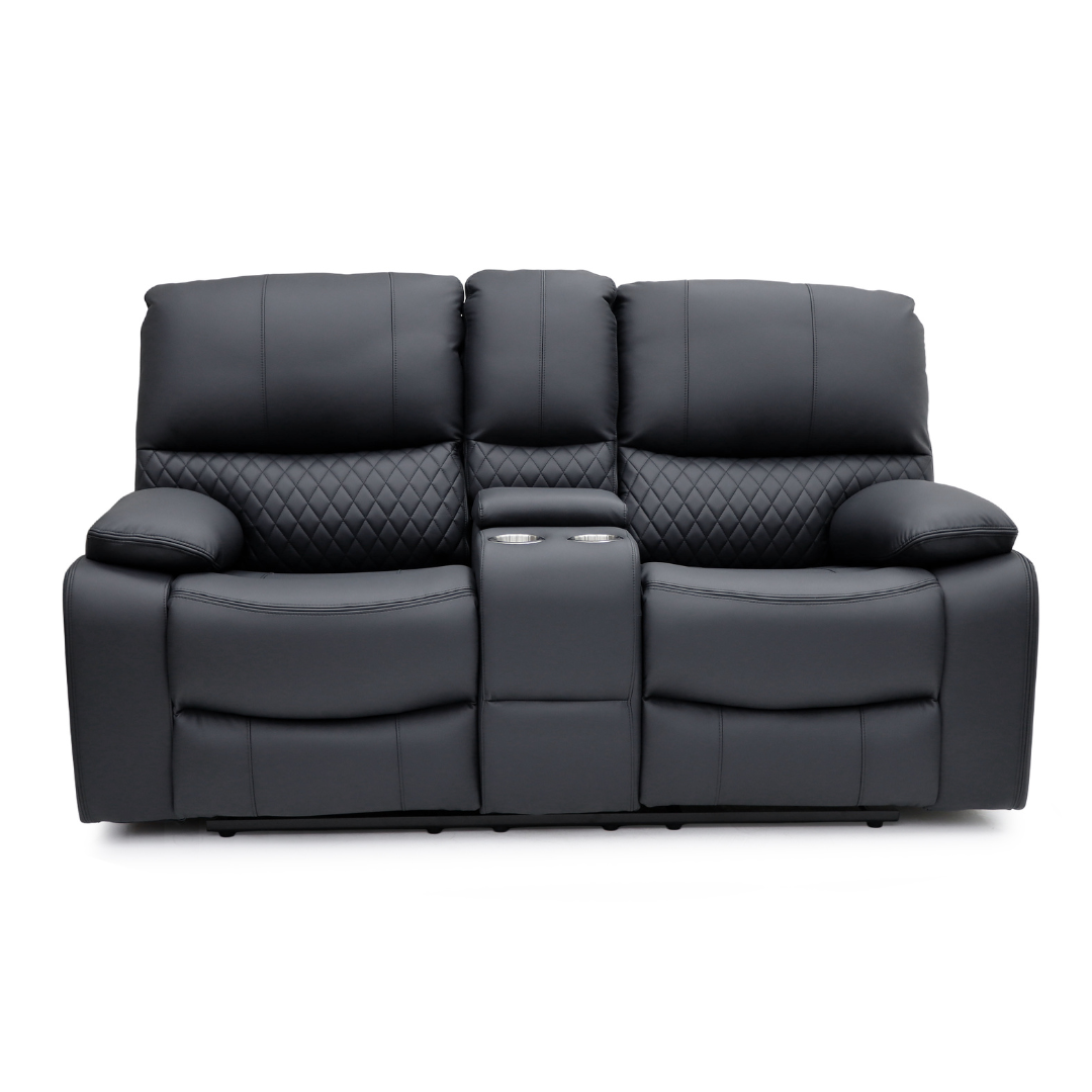 Bergen 2 seater recliner with console table, cupholders and soft close storage