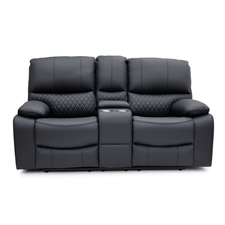 Bergen 2 seater recliner with console table, cupholders and soft close storage
