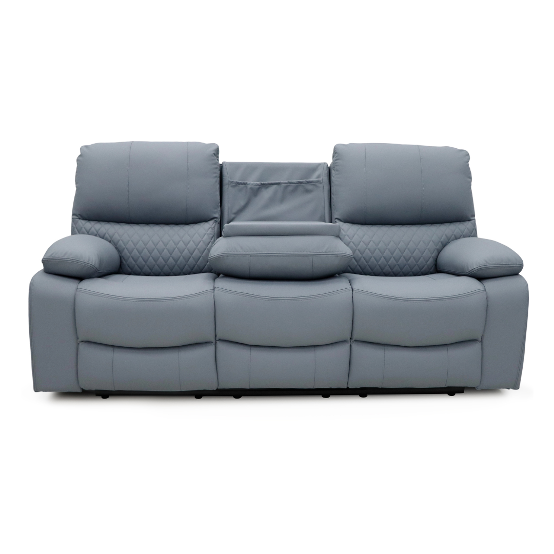 Drop Down Table on Bergen Recliner Sofa upholstered in Air Leather.