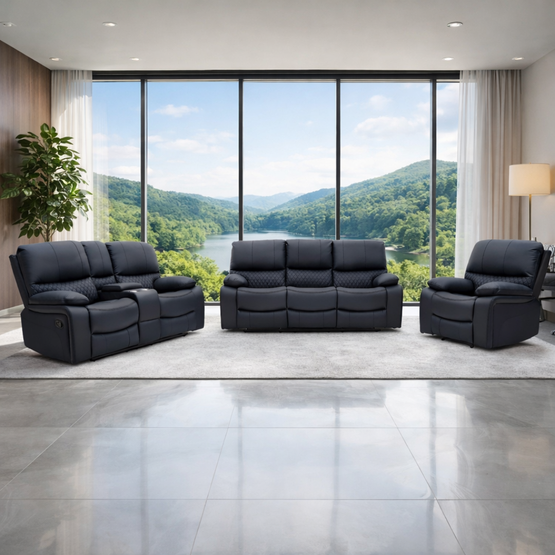 Bergen recliner sofa set in premium suede leather with diamond quilting