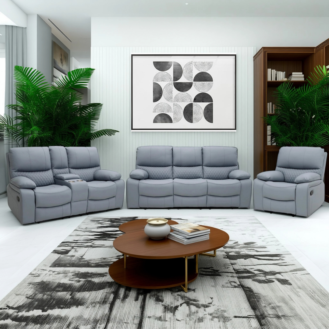 Bergen Recliner Sofa Set in a living room – a 3-seater, 2-seater, and 1 single recliner upholstered in Air Leather.
