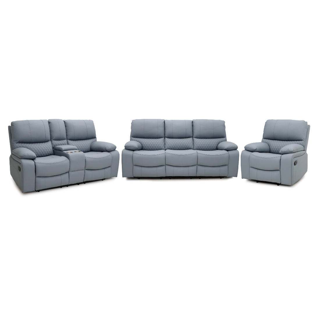 White background Bergen Recliner Sofa Set in a living room – a 3-seater, 2-seater, and 1 single recliner upholstered in Air Leather.
