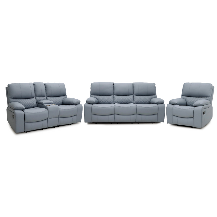 White background Bergen Recliner Sofa Set in a living room – a 3-seater, 2-seater, and 1 single recliner upholstered in Air Leather.