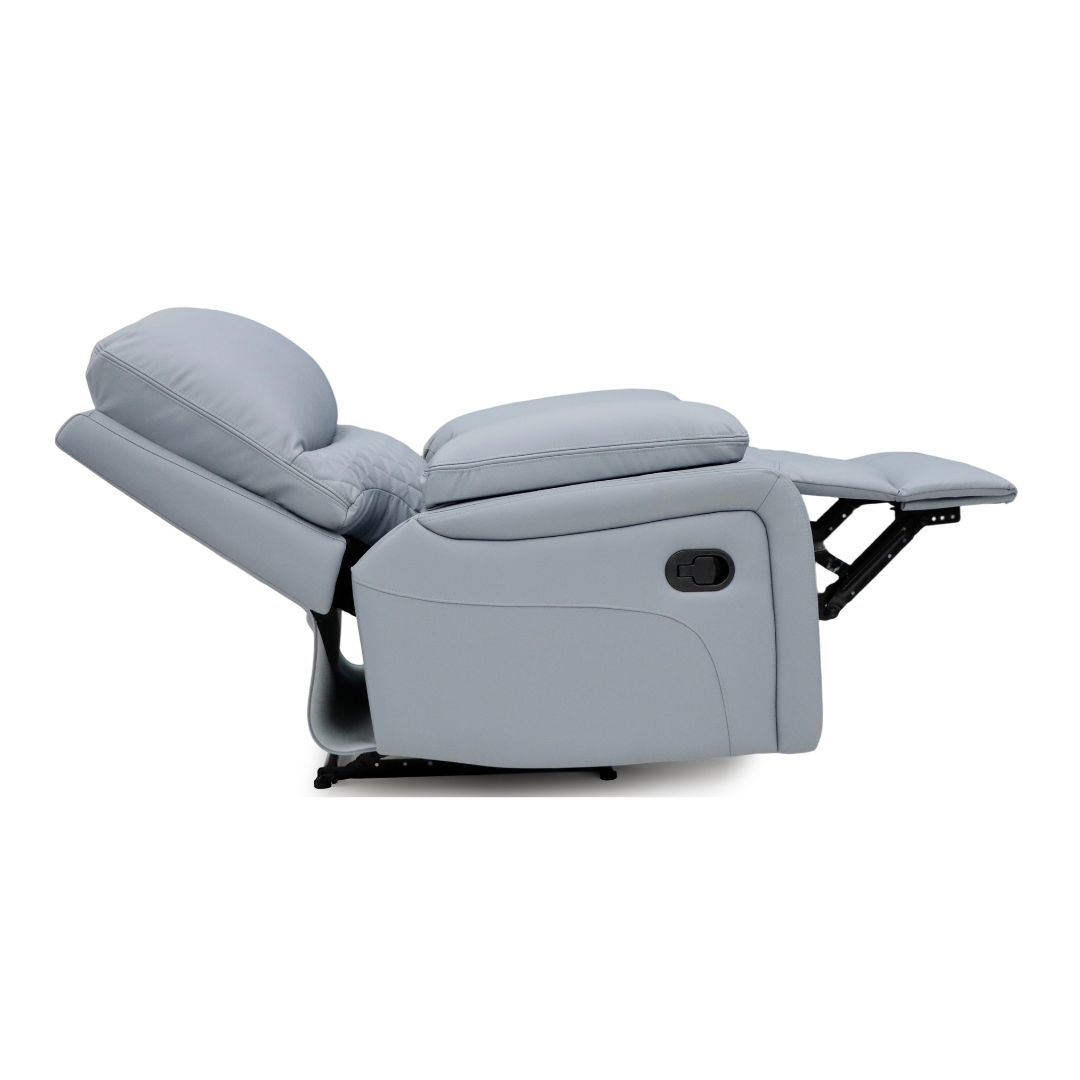 Reclined position single seat of the Bergen Recliner Sofa wrapped in Air Leather.