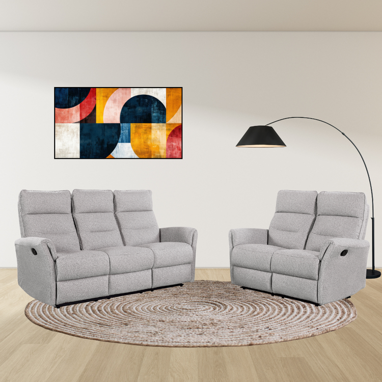 Bodo Recliner Sofa Set 3+2 configuration in grey fabric with background – stylish recliner sofas.