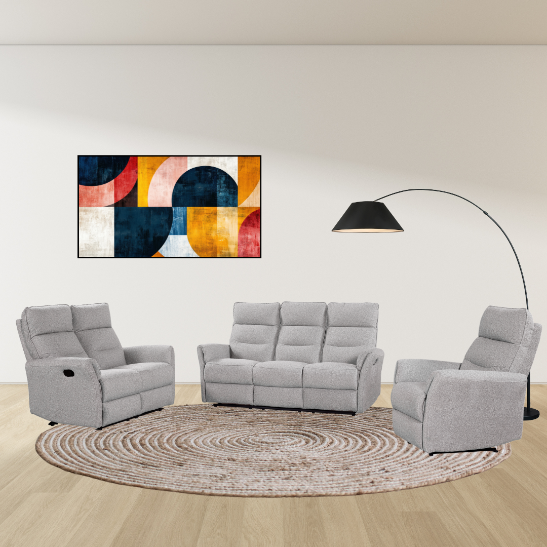 Bodo Recliner Sofa Set 3+2+1 in grey fabric with background – full lounge suite with recliners.