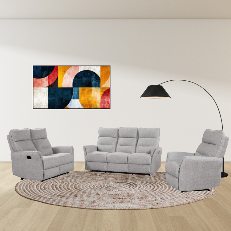 Bodo Recliner Sofa Set 3+2+1 in grey fabric with background – full lounge suite with recliners.