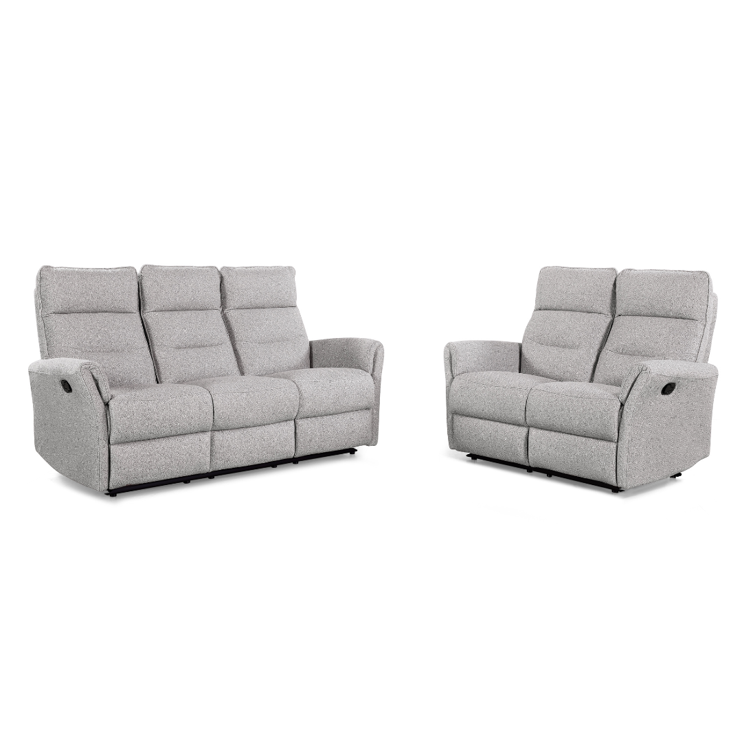 Bodo Recliner Sofa Set 3+2 configuration in grey fabric – full reclining sofa suite without background.