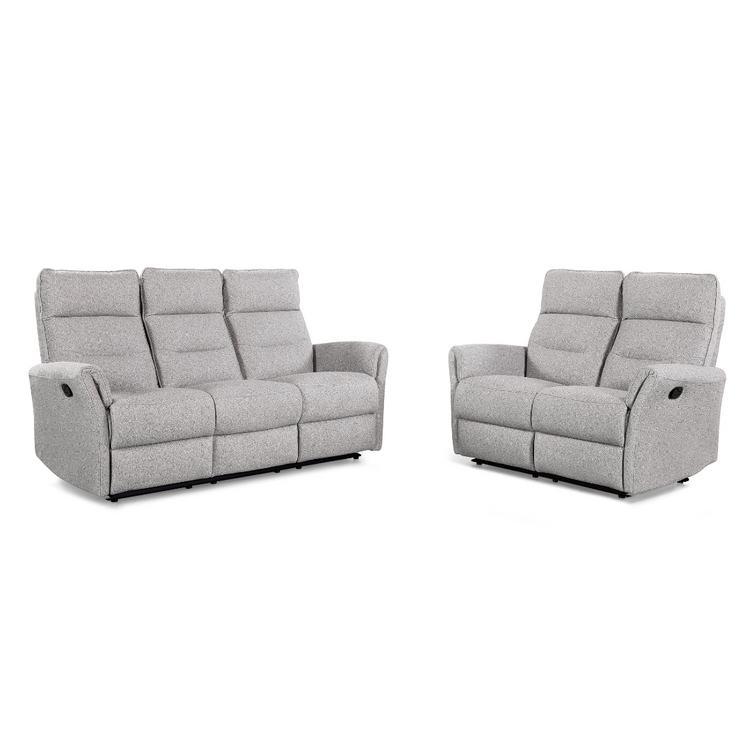 Bodo Recliner Sofa Set 3+2 configuration in grey fabric – full reclining sofa suite without background.