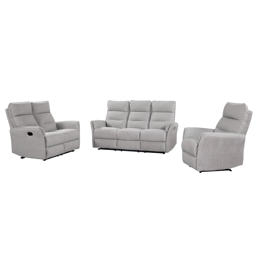 Bodo Recliner Sofa Set 3+2+1 in grey fabric – modern recliner lounge suite without background.