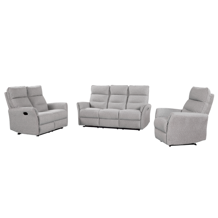 Bodo Recliner Sofa Set 3+2+1 in grey fabric – modern recliner lounge suite without background.