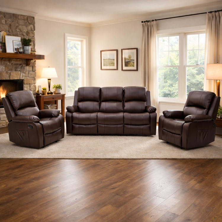 Brunvik recliner sofa set 3+1+1 in dark chocolate brown air leather