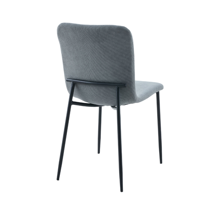 Rear view of the Camari grey chair highlighting the unique integrated black steel structural back bar