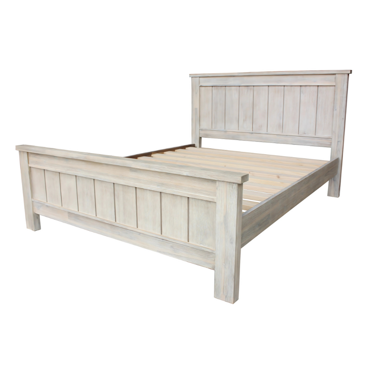 Bedframe in Solid Acacia Wood with whitewashed finish and classic paneled headboard.