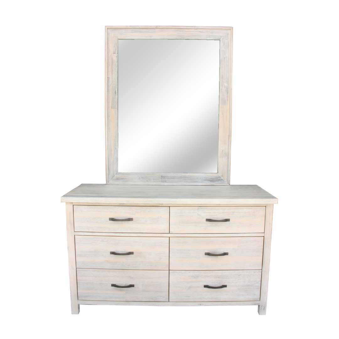 Dresser with Mirror in Solid Acacia Wood with whitewashed finish and traditional handles.