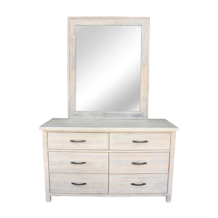 Dresser with Mirror in Solid Acacia Wood with whitewashed finish and traditional handles.