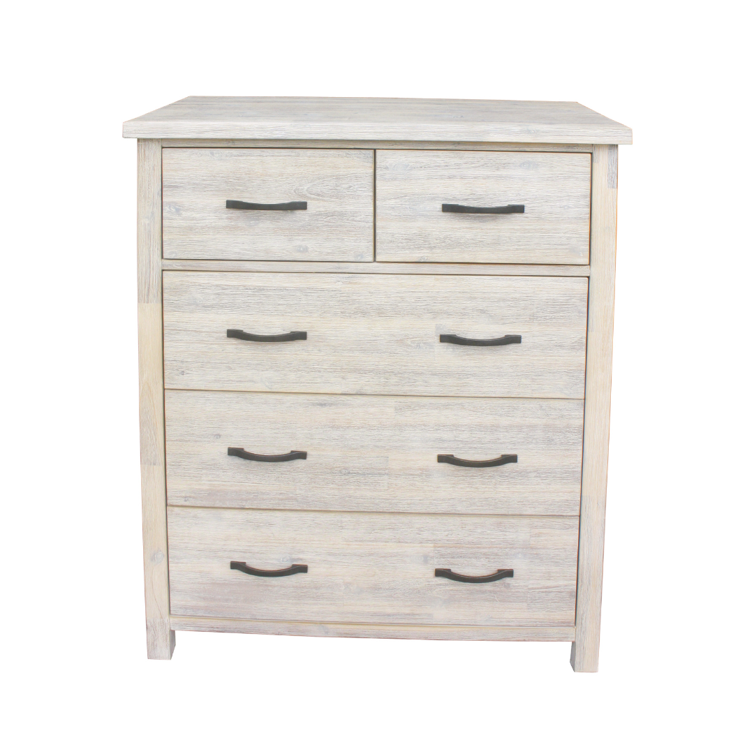Tallboy in Solid Acacia Wood featuring whitewashed finish and spacious storage drawers.