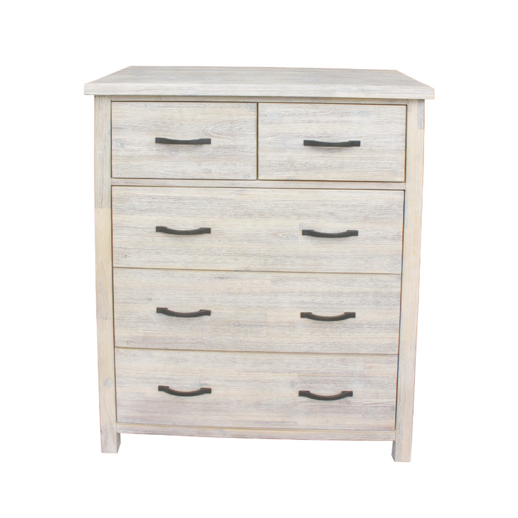 Tallboy in Solid Acacia Wood featuring whitewashed finish and spacious storage drawers.