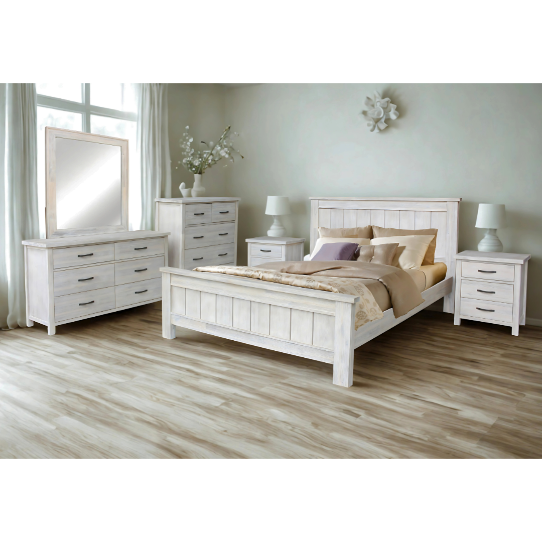 Bedroom Furniture Set in Solid Acacia Wood with whitewashed finish.