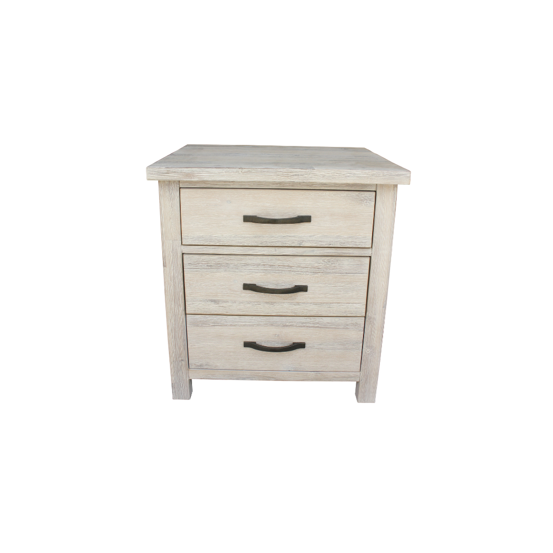 Bedside Table in Solid Acacia Wood with whitewashed finish and compact drawer storage.
