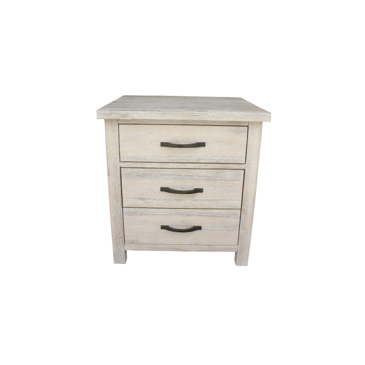 Bedside Table in Solid Acacia Wood with whitewashed finish and compact drawer storage.