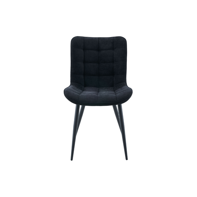 Elden dining chair in premium tufted black fabric with modern angled black steel legs