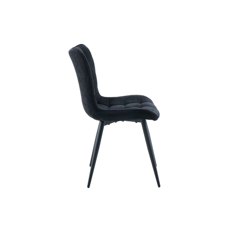 Front view of the Elden black velvet fabric chair showcasing the square quilted cushioning