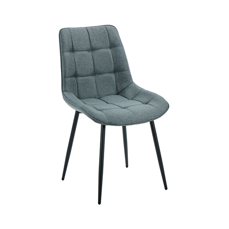 Modern grey dining chair showing plush seat and tapered metal legs