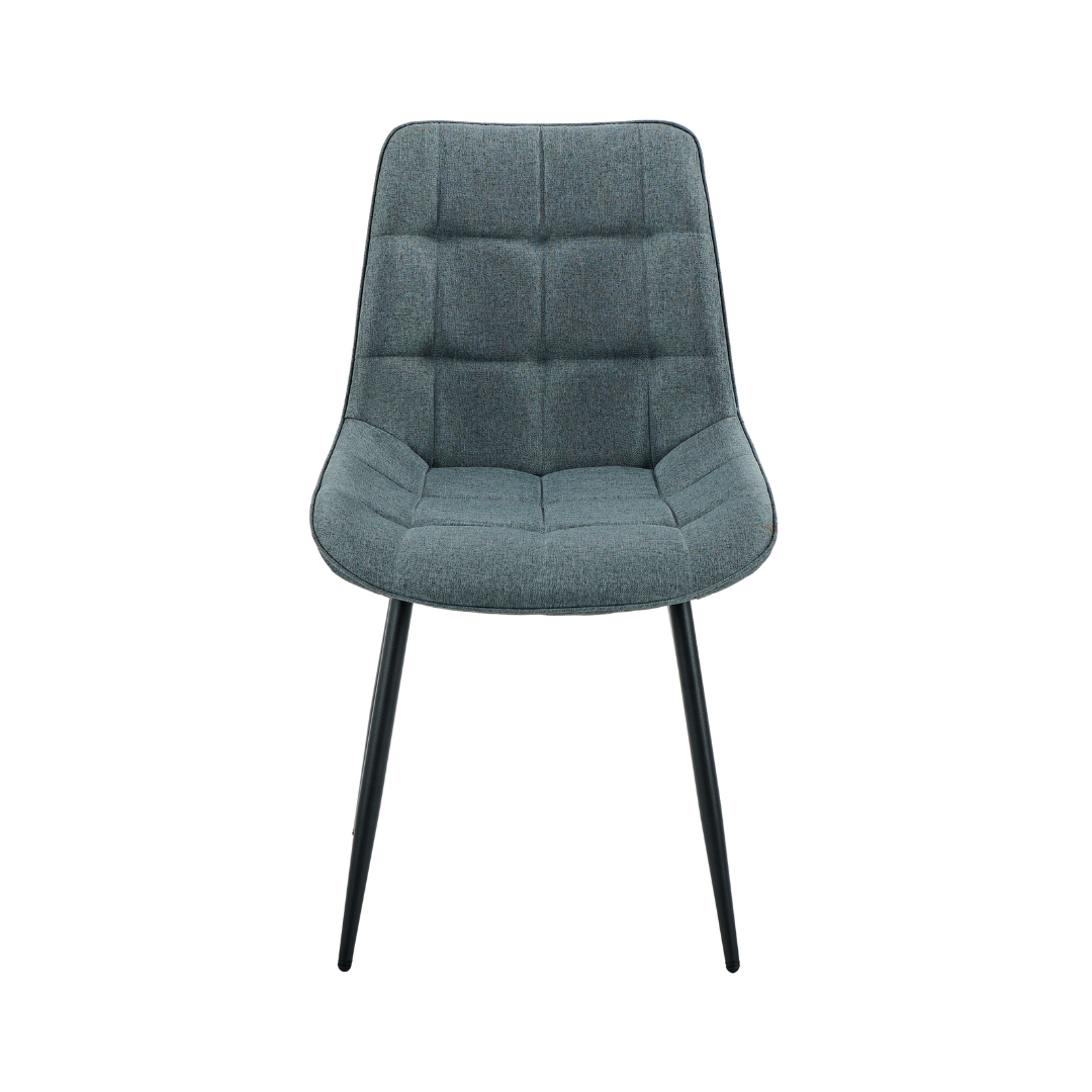 Eloura Grey Fabric Dining Chair with distinctive quilted upholstery and slim black metal legs