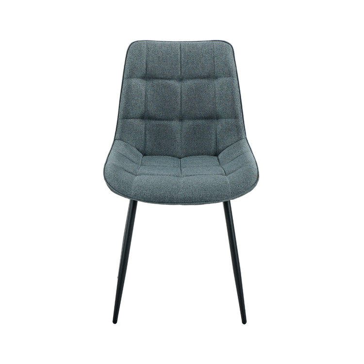 Eloura Grey Fabric Dining Chair with distinctive quilted upholstery and slim black metal legs