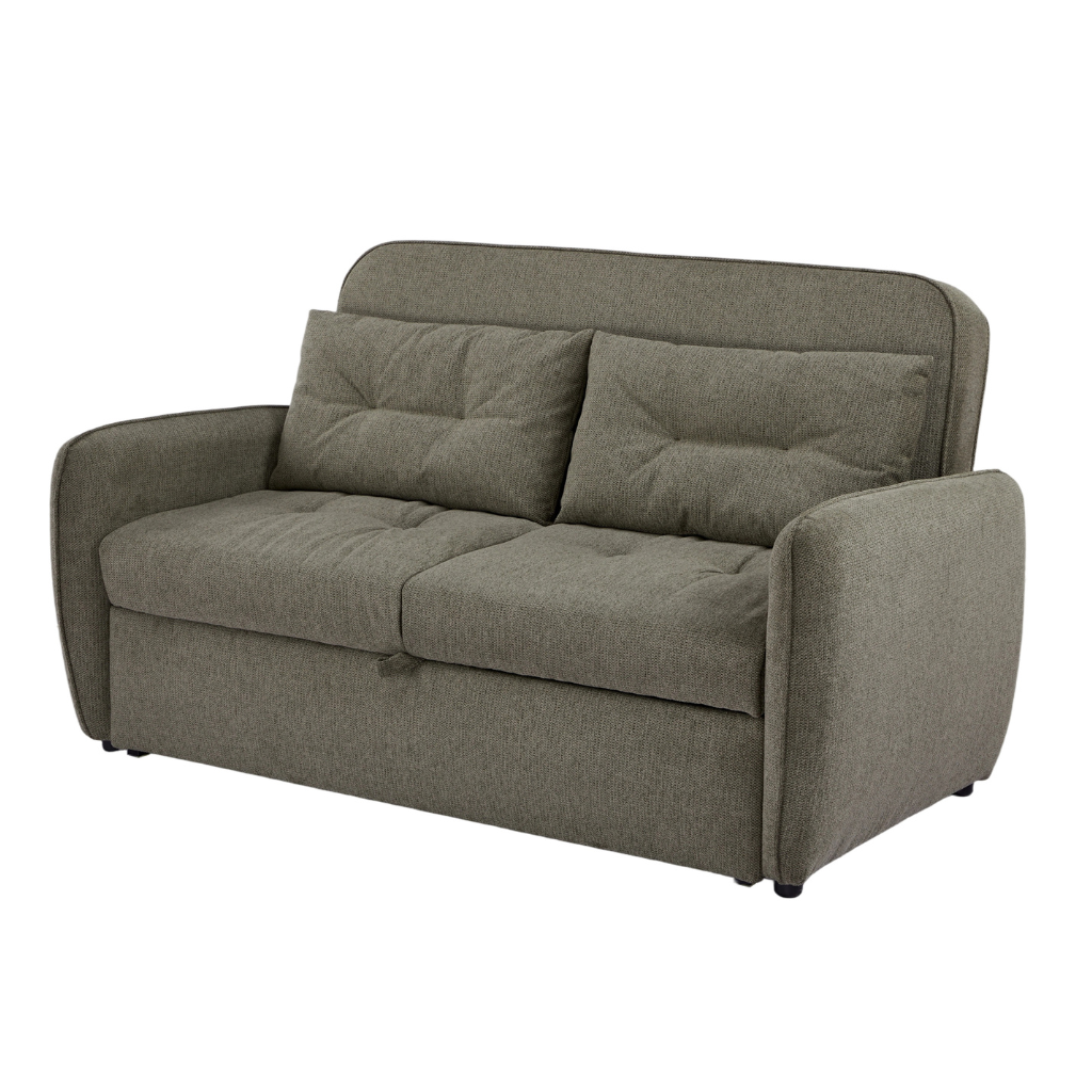 Enzo Sofa Bed Green Arm & Leg showing a close-up of the premium textured green upholstery fabric and soft curved armrest profile