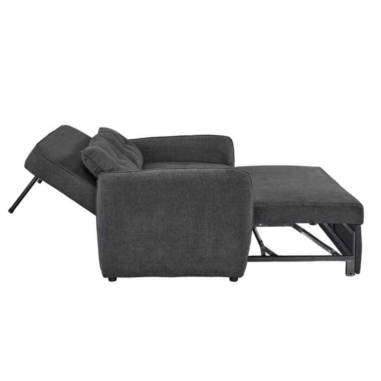 Enzo Sofa Bed Grey Back Legs showing the side profile of the reclining backrest and extended metal support legs
