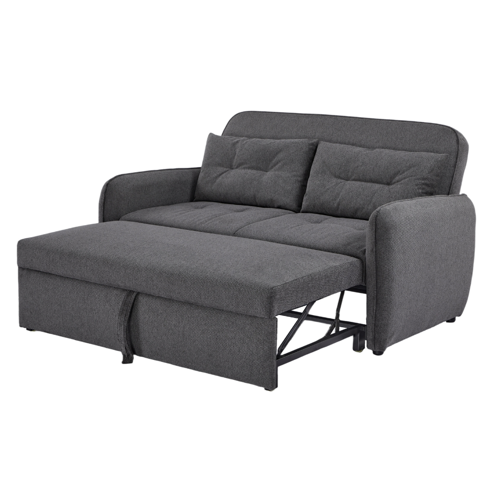Enzo Sofa Bed Grey Pullout showing the front extension mechanism rolled out into a double guest bed setup