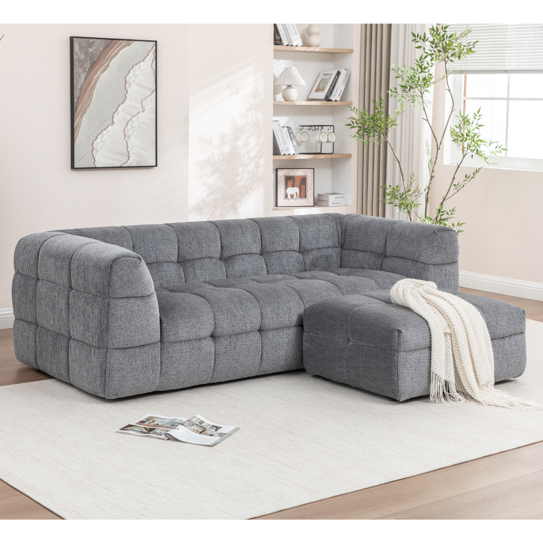 Finn 3 seater sofa with matching ottoman in light grey fabric, modern biscuit-tufted lounge furniture for NZ homes