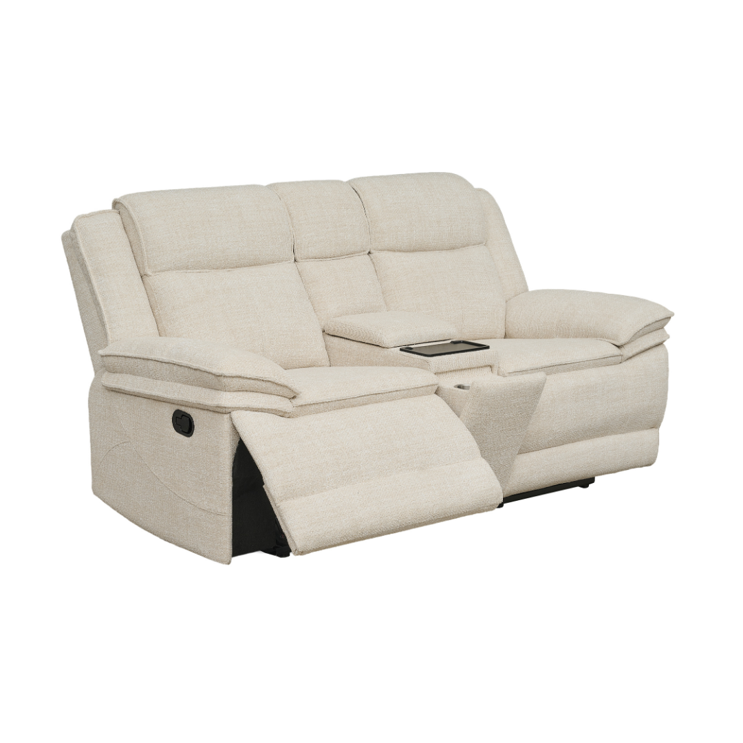 Freja 2-seater fabric manual recliner oatmeal with wireless charging console and pop-out cup holders
