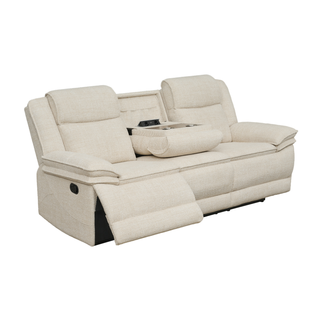Freja 3-seater fabric manual recliner sofa oatmeal with fold-down console table, cup holders, NZ powerpoint and USB