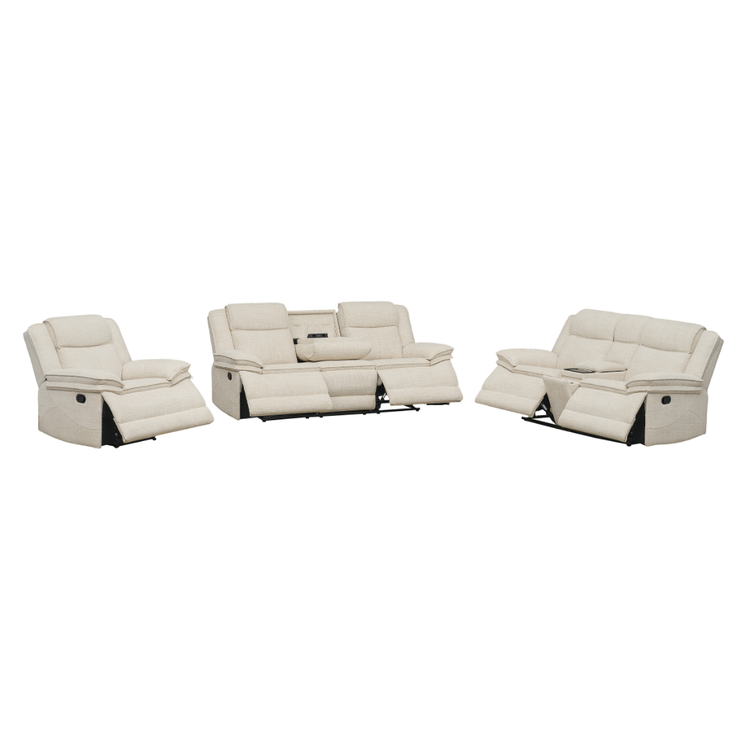 Freja 3+2+1 recliner lounge suite oatmeal fabric — three-seater with fold-down table and powerpoint, two-seater with wireless charging, single rocking swivel recliner chair, manual fabric recliner set NZ Furniture Warehouse